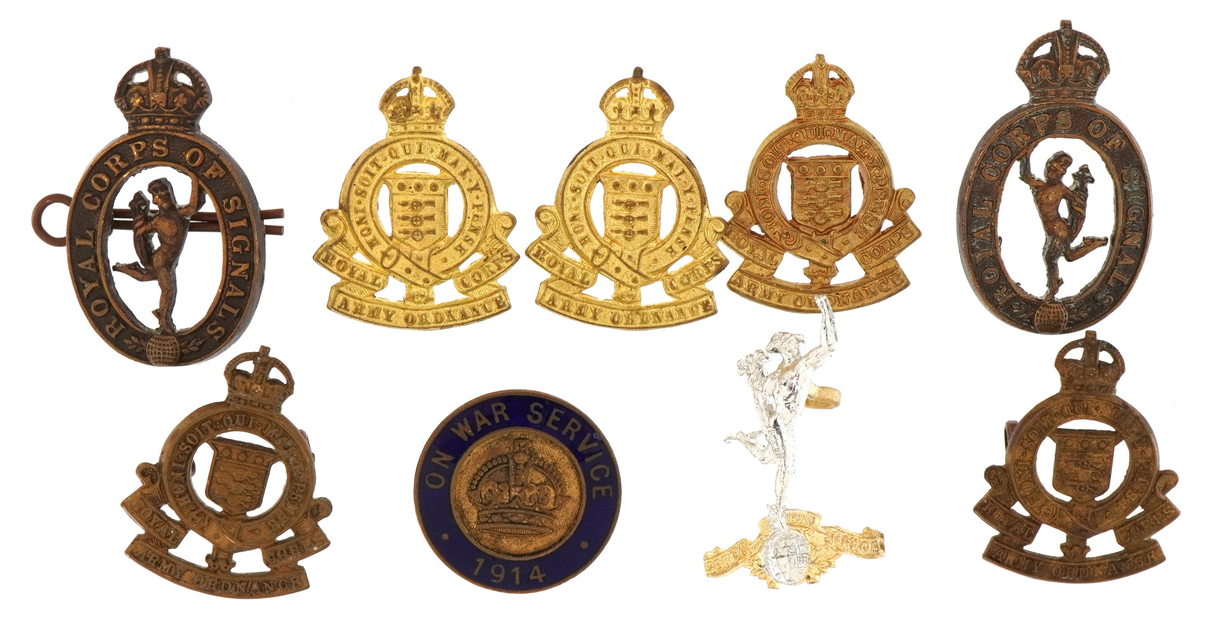 Military badges including Royal Sussex Signal Corps, On War Service enamel badge, the largest 4cm