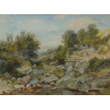 Figure crossing a bridge before a Highland landscape, 19th century watercolour, mounted, framed