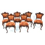 Set of six Victorian rosewood dining chairs with carved shell backs and scroll feet, 89cm high