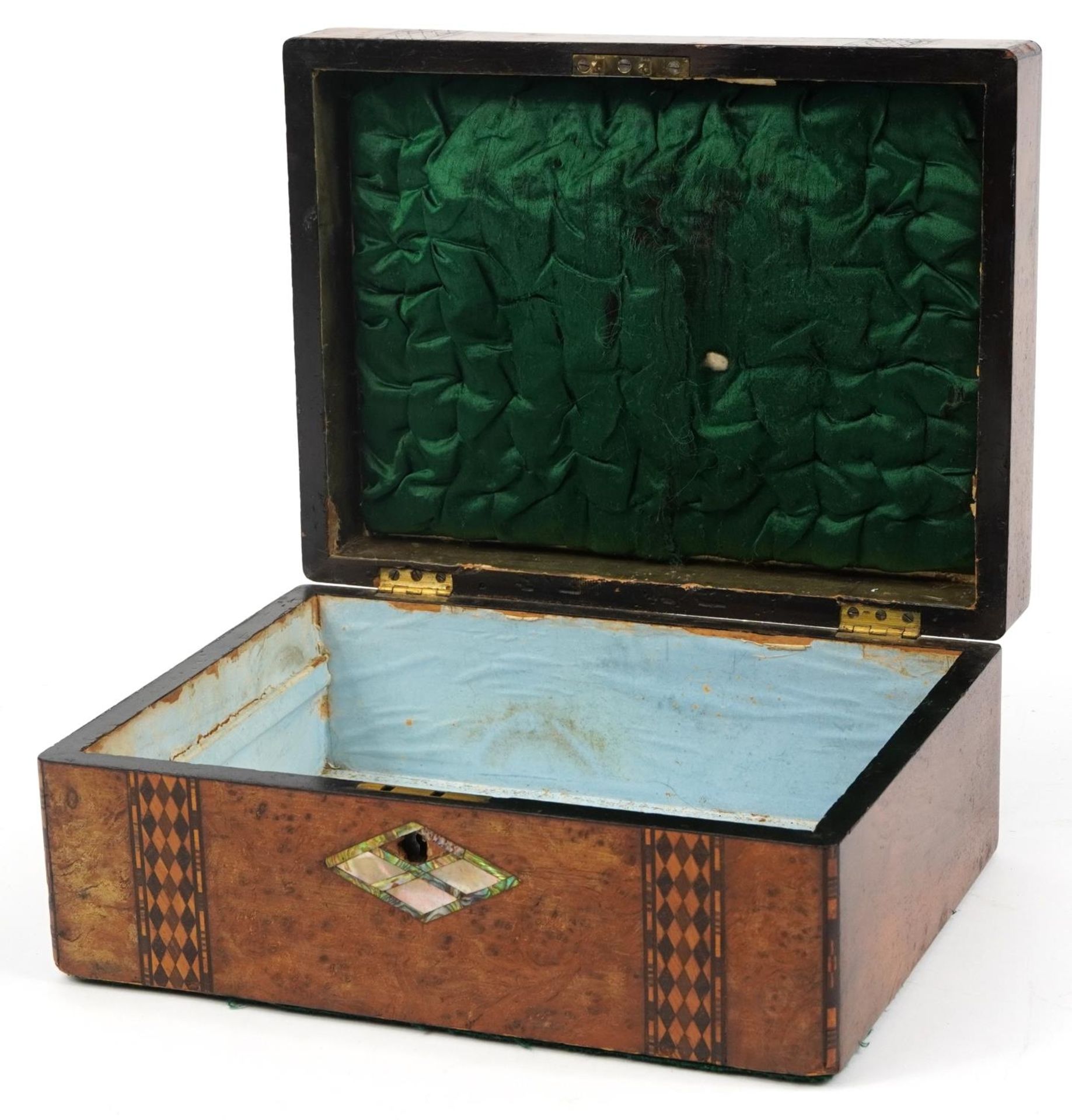 Victorian inlaid walnut workbox, 13cm H x 30cm W x 22.5cm D - Bild 2 aus 4