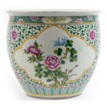 Large Chinese porcelain jardiniere hand painted in the famille rose palette with flowers and