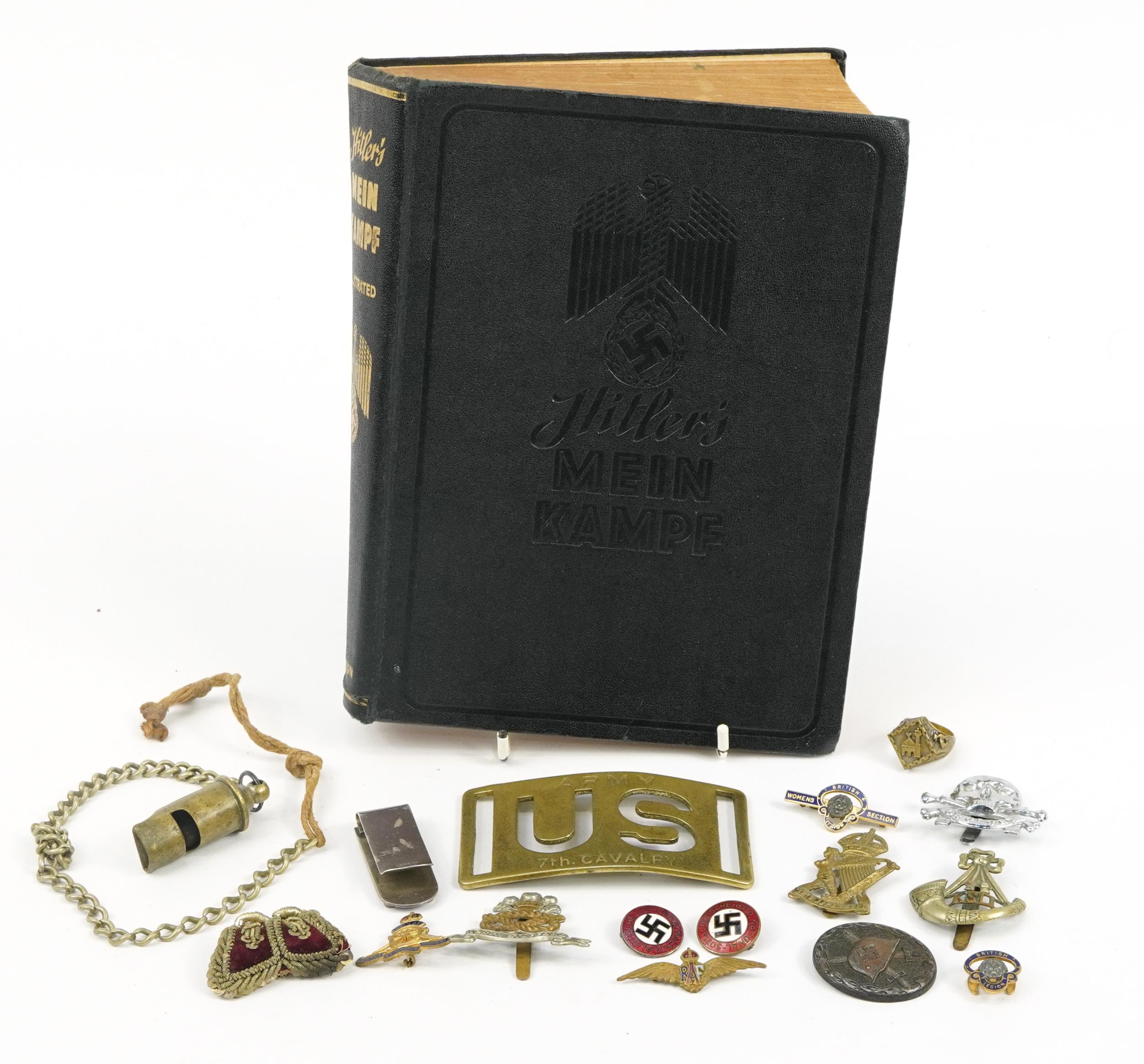 American US and German military interest militaria including German wounds badge, cap badges, ring