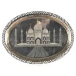 Indian oval silver plated tray engraved with the Taj Mahal and pierced border, 38cm wide