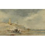Coastal scene with figures and moored boat, 19th century watercolour, Cromer and the Parker Gallery,