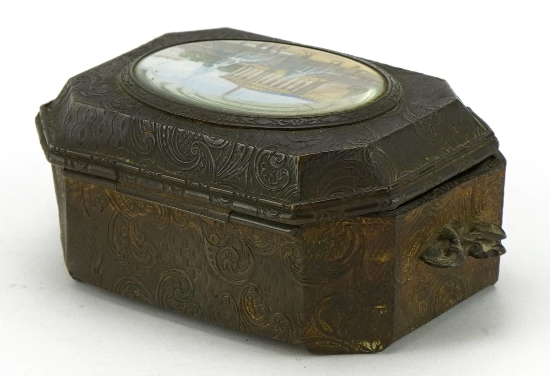 19th century brass jewel casket with hinged lid having an inset oval panel hand painted with a - Image 2 of 3