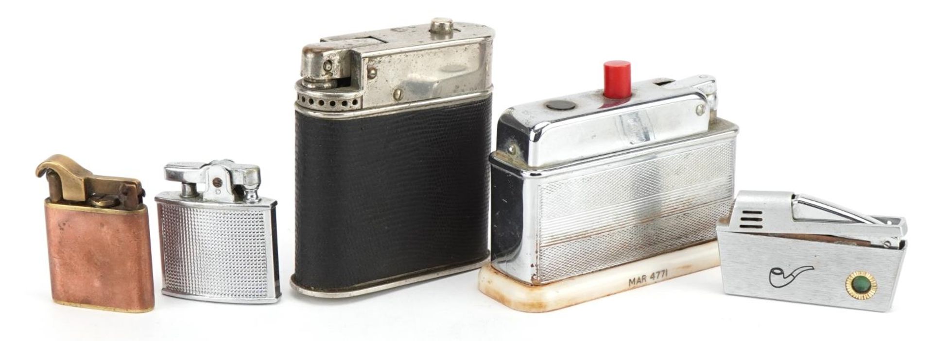 Five vintage table lighters and pocket lighters including Barclay example engraved Premier