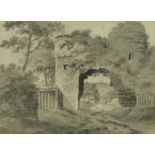 Manner of Thomas Sandby Munn - The Strand Gate, Winchelsea, 19th century monochrome watercolour,