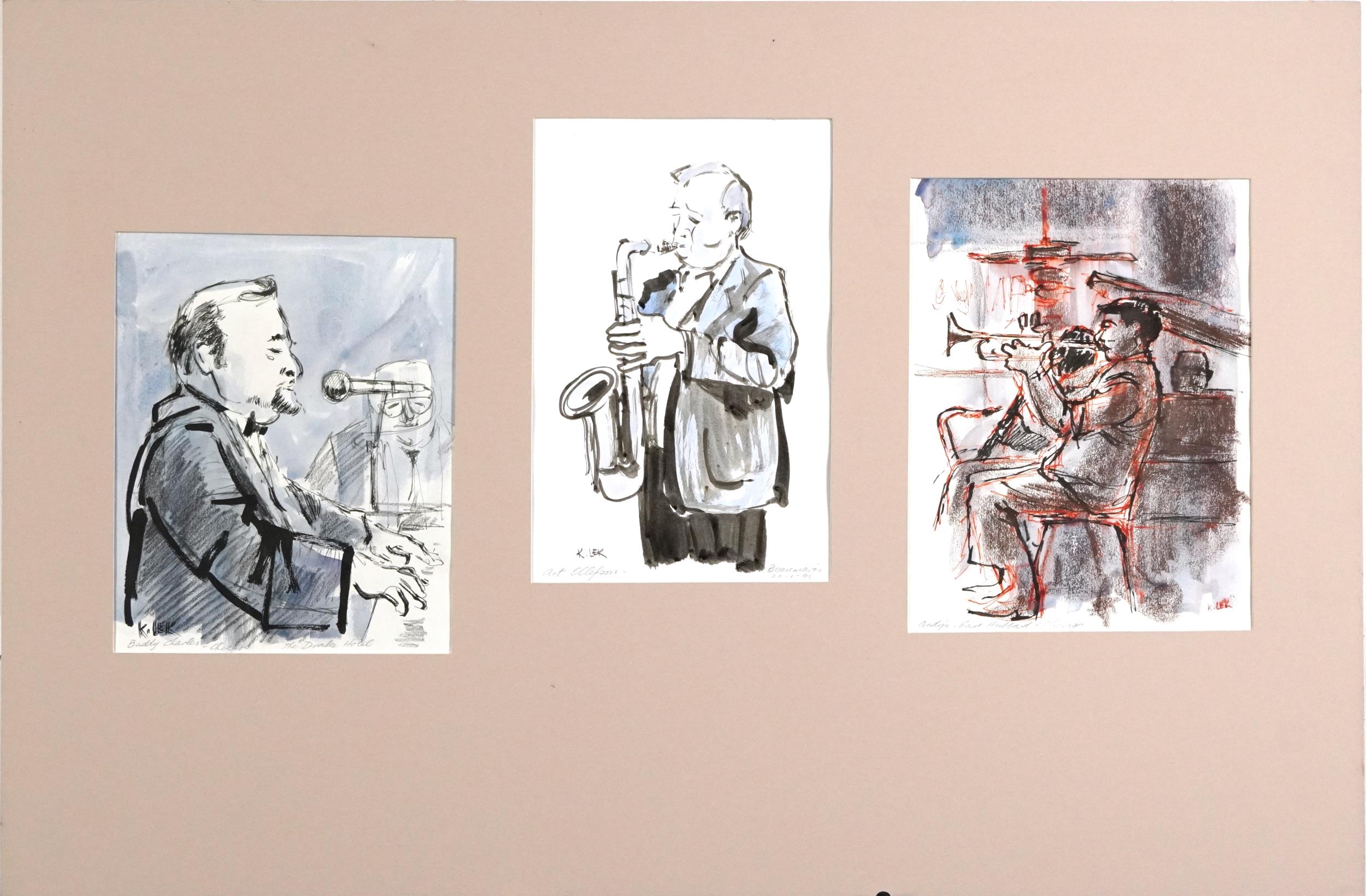 Karel Lek - Jazz Musicians playing instruments, six Welsh mixed medias, each with pencil - Image 2 of 12