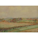 Albert Edward Victor Lilley - Rural landscape with fields before a village, watercolour, inscribed