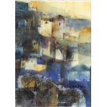 Abstract composition, buildings, mixed media and collage, indistinctly signed in ink, mounted,