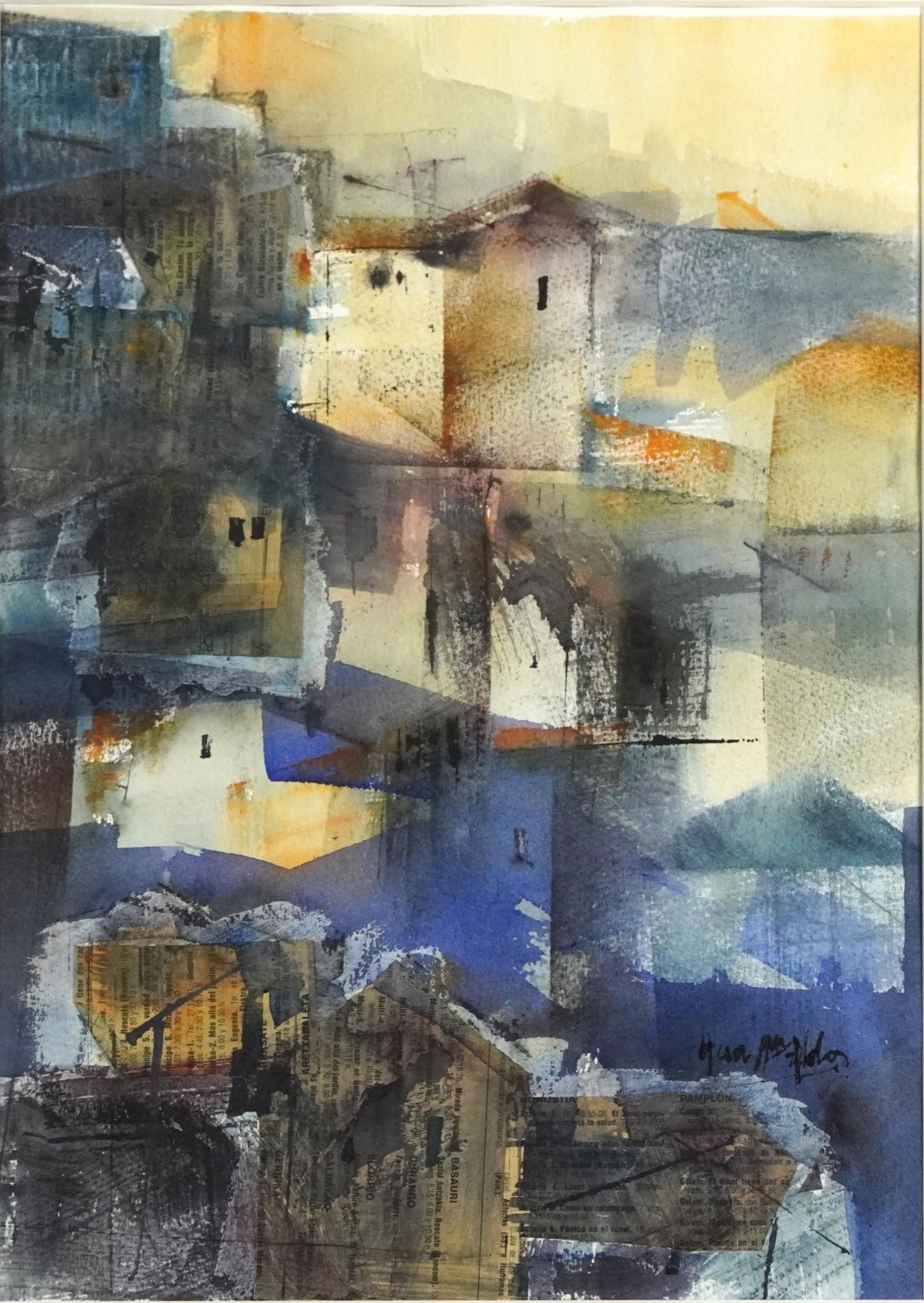 Abstract composition, buildings, mixed media and collage, indistinctly signed in ink, mounted,