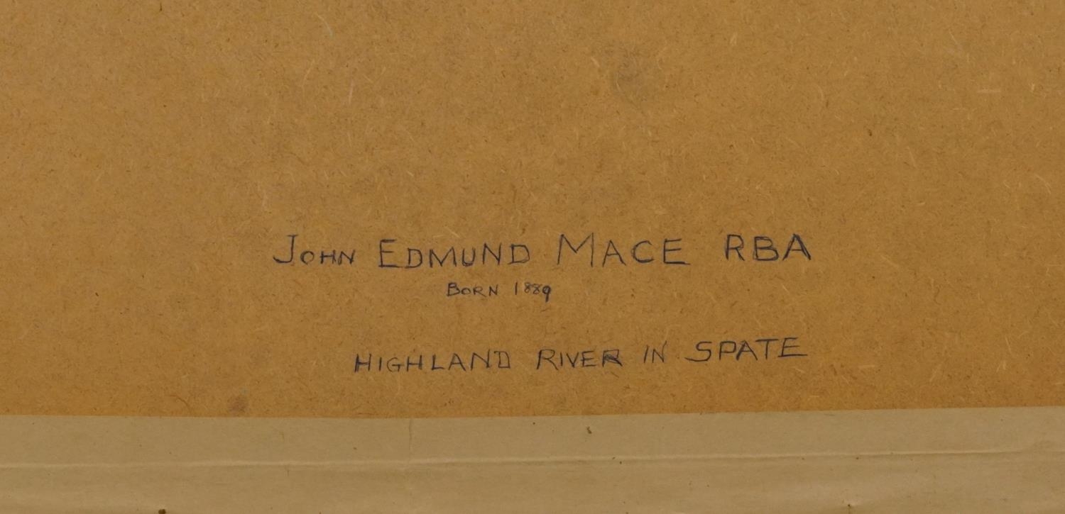 John Edmund Mace - Highland river in Spate, watercolour, inscribed verso, mounted, framed and - Image 6 of 6