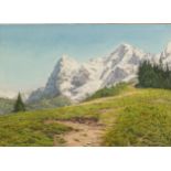 Joan Morgan - The Monch and the Eiger, watercolour, E Stacy Marks Gallery details and label verso,