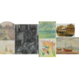 Still life, moored fishing boats and landscapes, seven mixed medias including an oil on canvas and