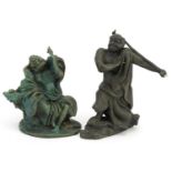 Two Chinese bronze figures including a verdigris example of a mythical man, the largest 24cm high