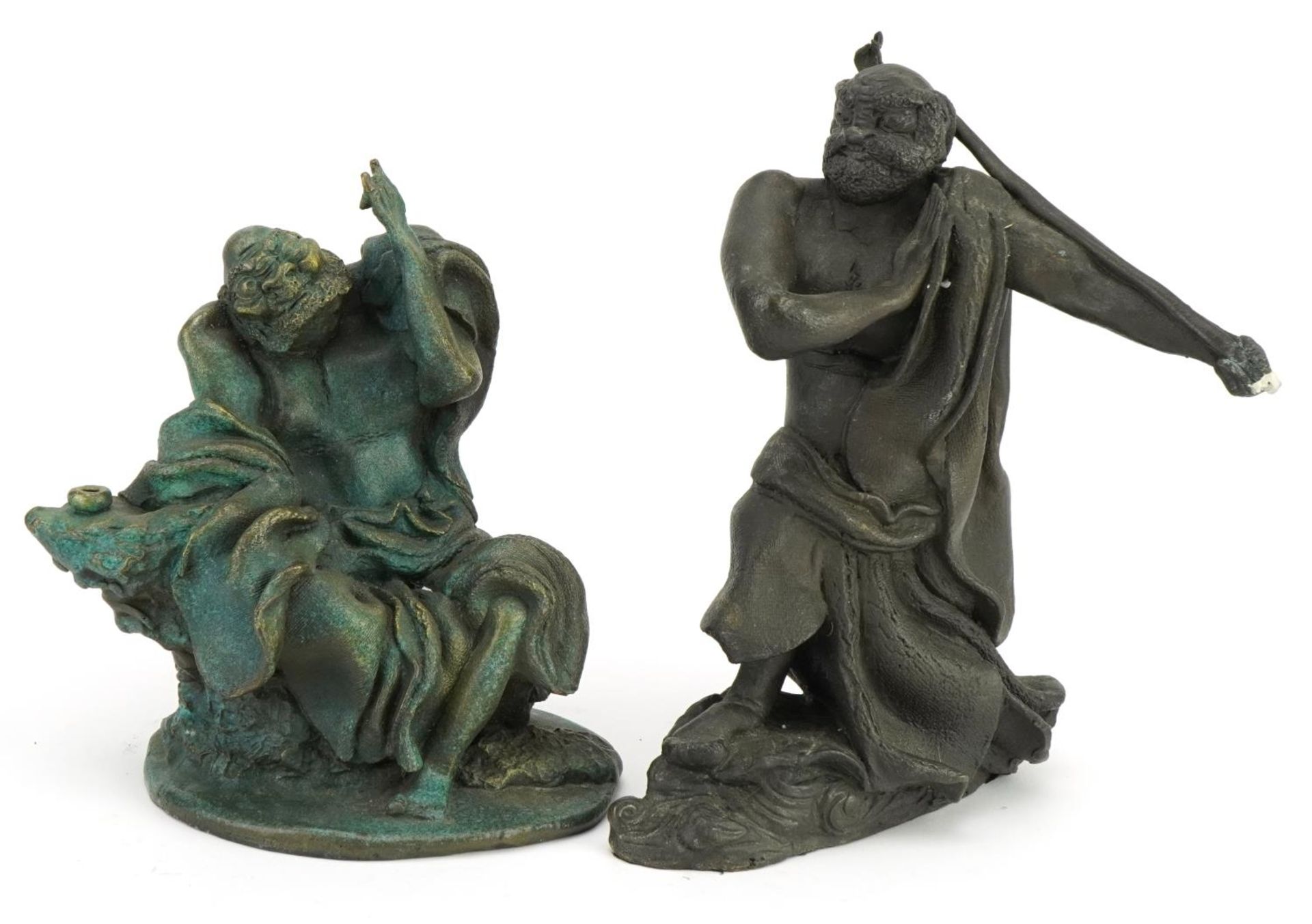 Two Chinese bronze figures including a verdigris example of a mythical man, the largest 24cm high