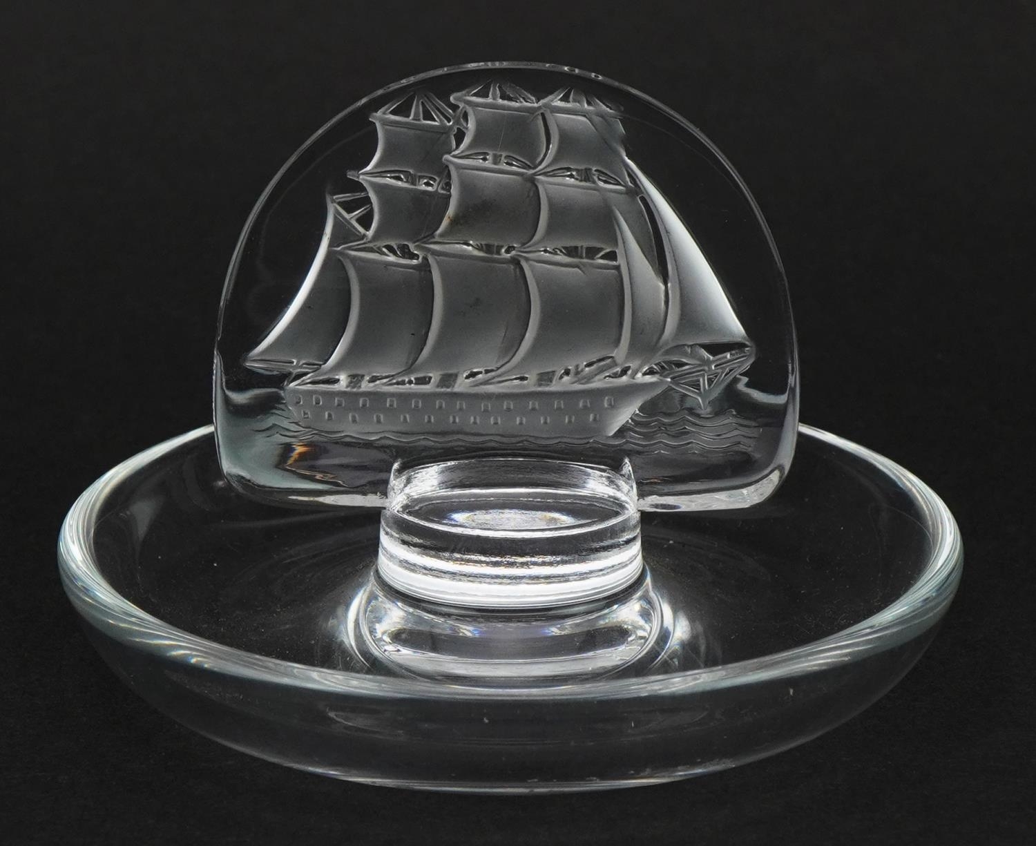 Lalique frosted glass clipper ship ring tray etched with Lalique France to the base, 10cm in