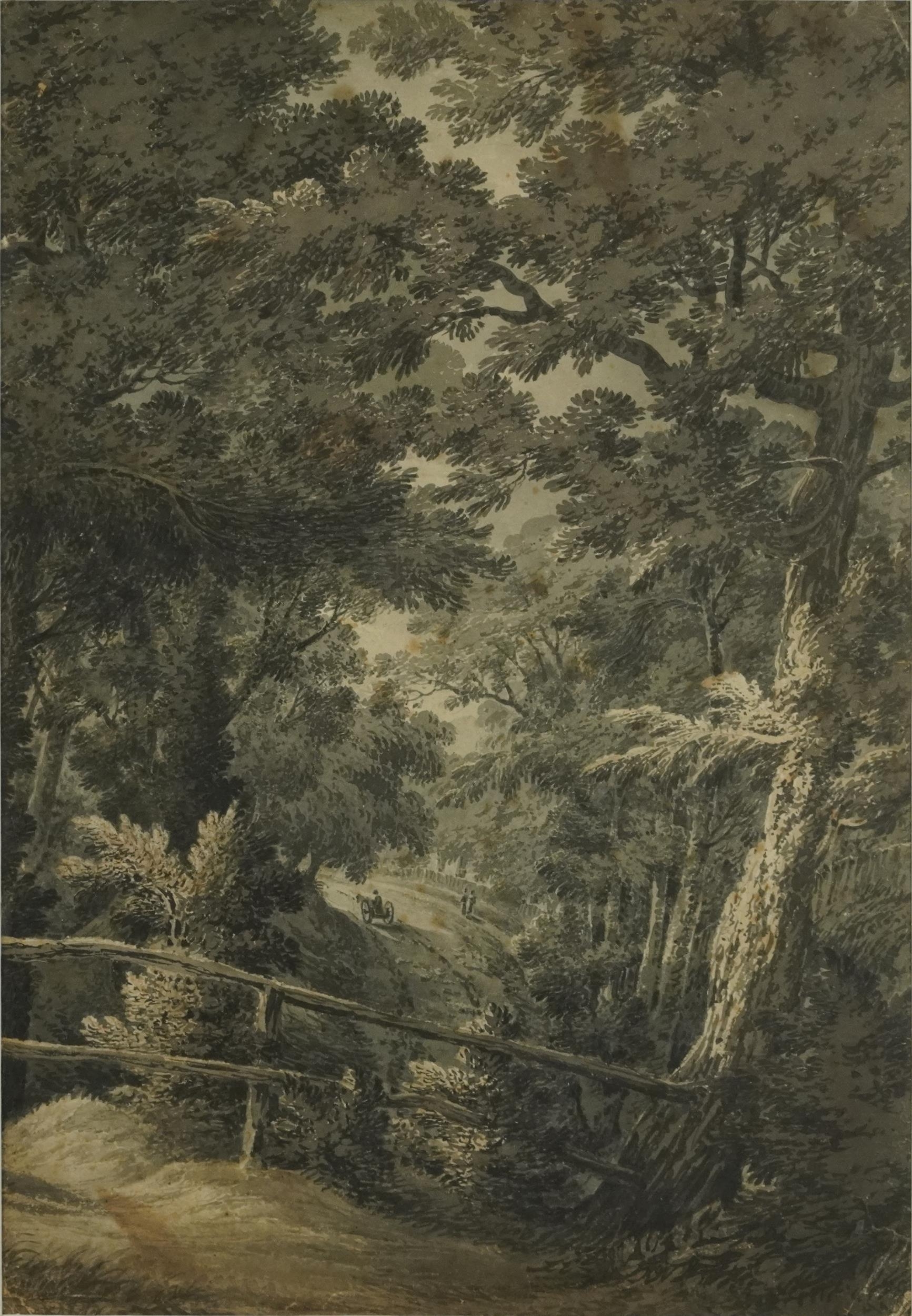 James Bourne - Pastoral landscape with horse and cart, early 19th century monochrome watercolour,