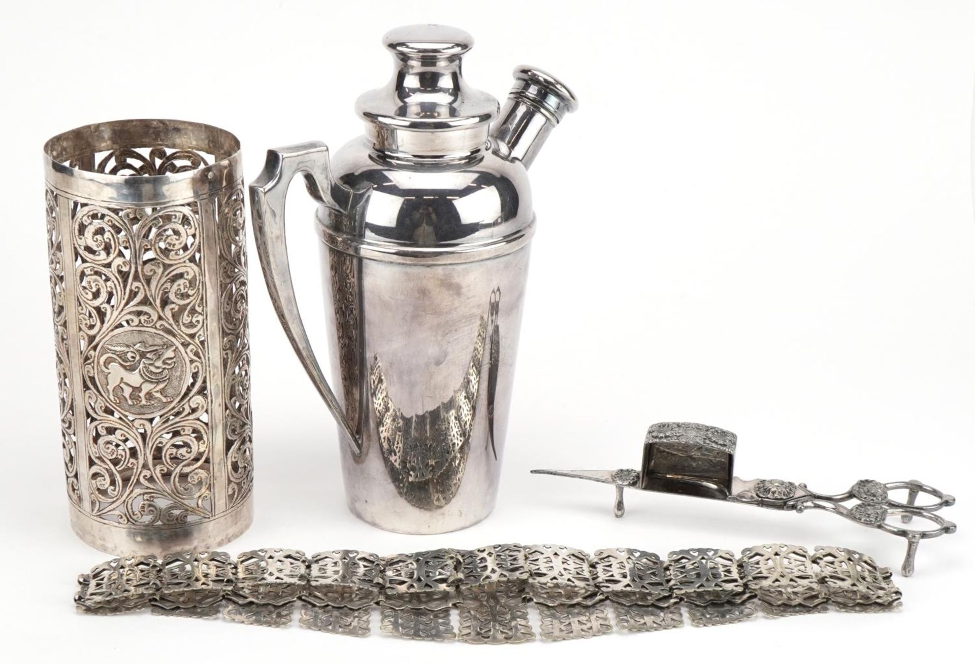 Silver plated items and an Indian white metal bottle holder including a cocktail shaker and candle - Image 2 of 5