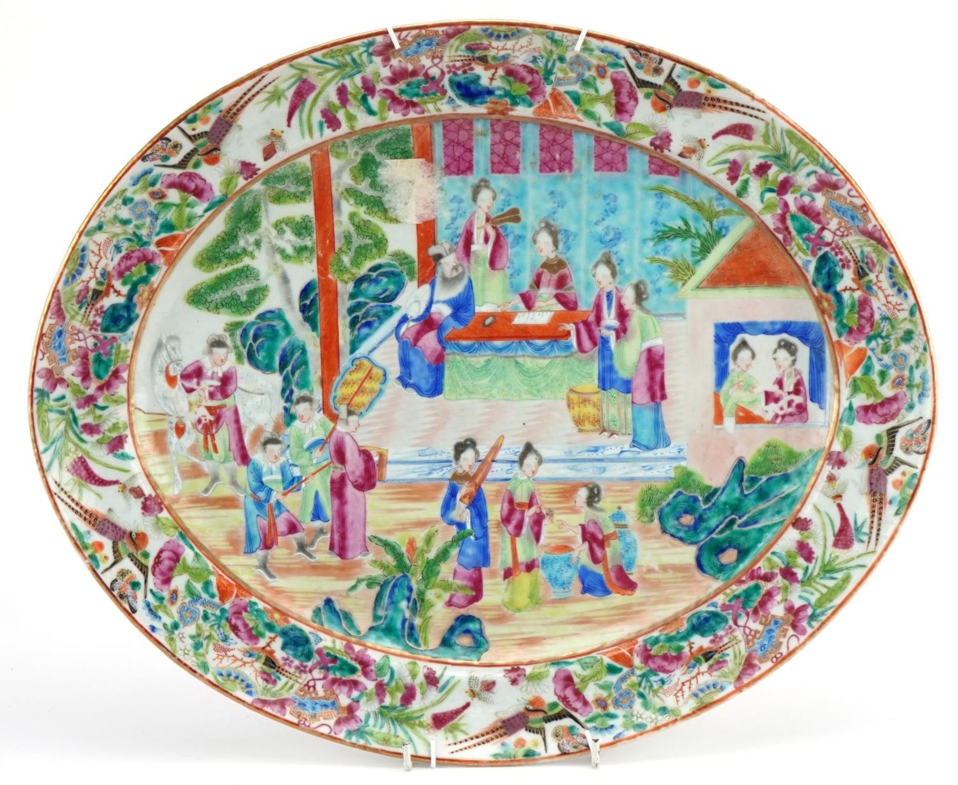 Chinese Canton porcelain platter finely hand painted in the famille rose palette with an emperor and