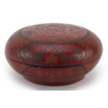 Chinese lacquered bun box and cover hand painted and incised with fish and flowers, 18cm in diameter