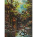 Dave Aldus - Otter with it's catch before a waterfall, Welsh Impressionist acrylic inscribed The