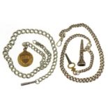 Gentlemen's silver watch chain with clasp and watch key and a white metal example with Faith