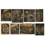 Gothic architecture, figures harvesting and castles, set of eight pencil signed prints, each