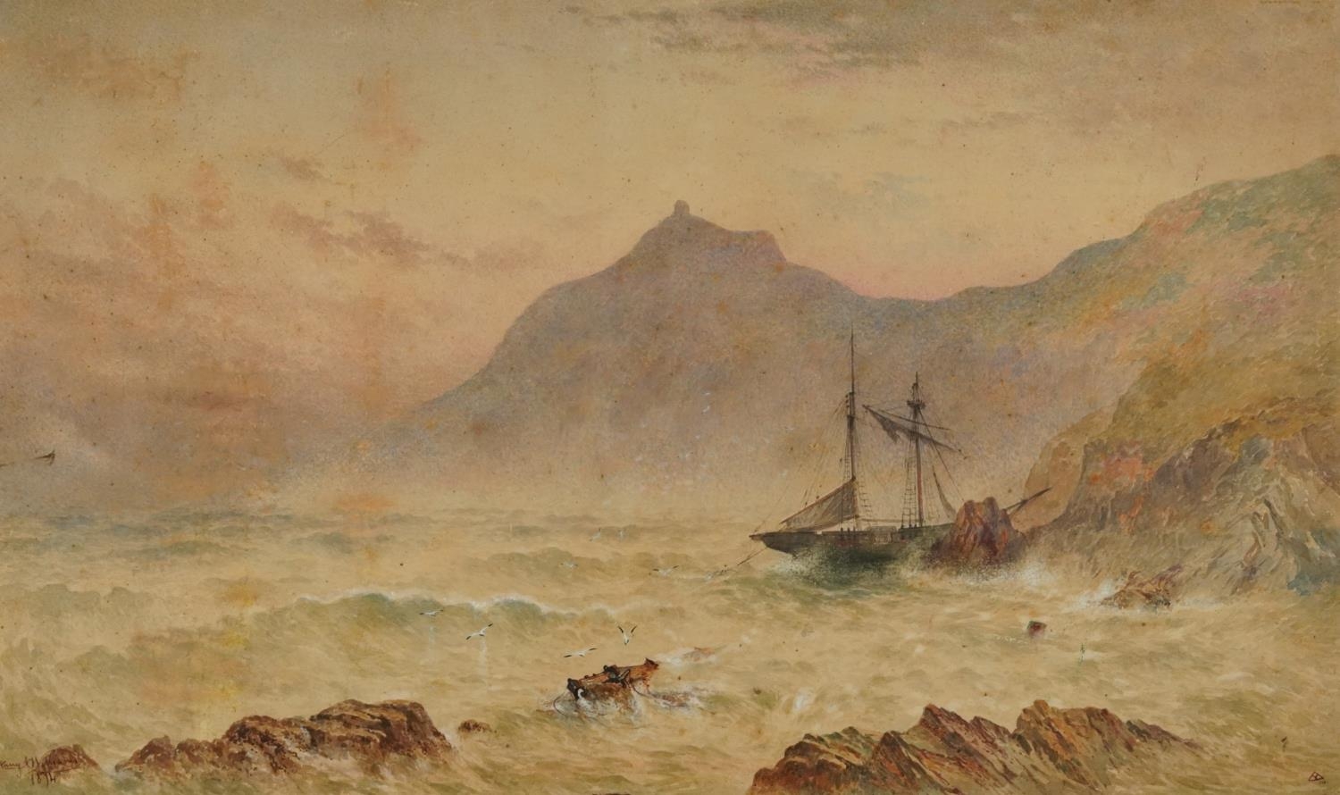 Harry J Williams 1874 - Rocky coastal scene with shipwreck, 19th century English heightened