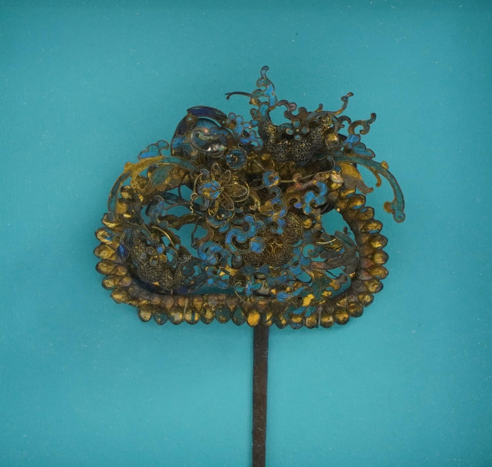 Chinese Canton gilt and enamel filigree hair piece housed in a glazed framed display, overall 29.5cm - Image 2 of 3