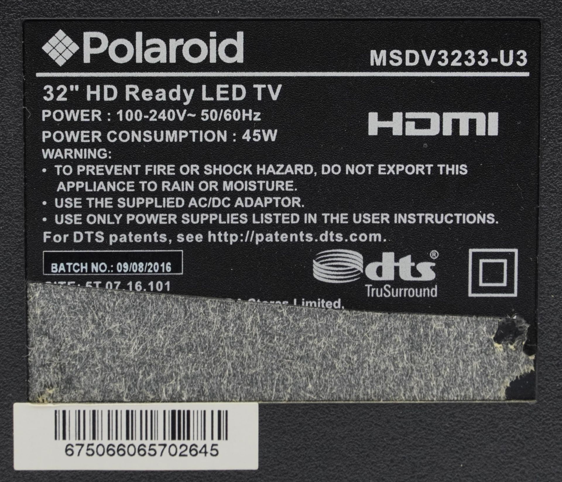 Polaroid 32 inch LED television model MSDV3233-U3 - Image 3 of 3
