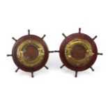 Pair of Ships wheel design mahogany and brass port hole photo frames, each 31cm in diameter