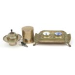 Metalware including a silver plated double inkwell, Indian cylindrical brass box and cover and a