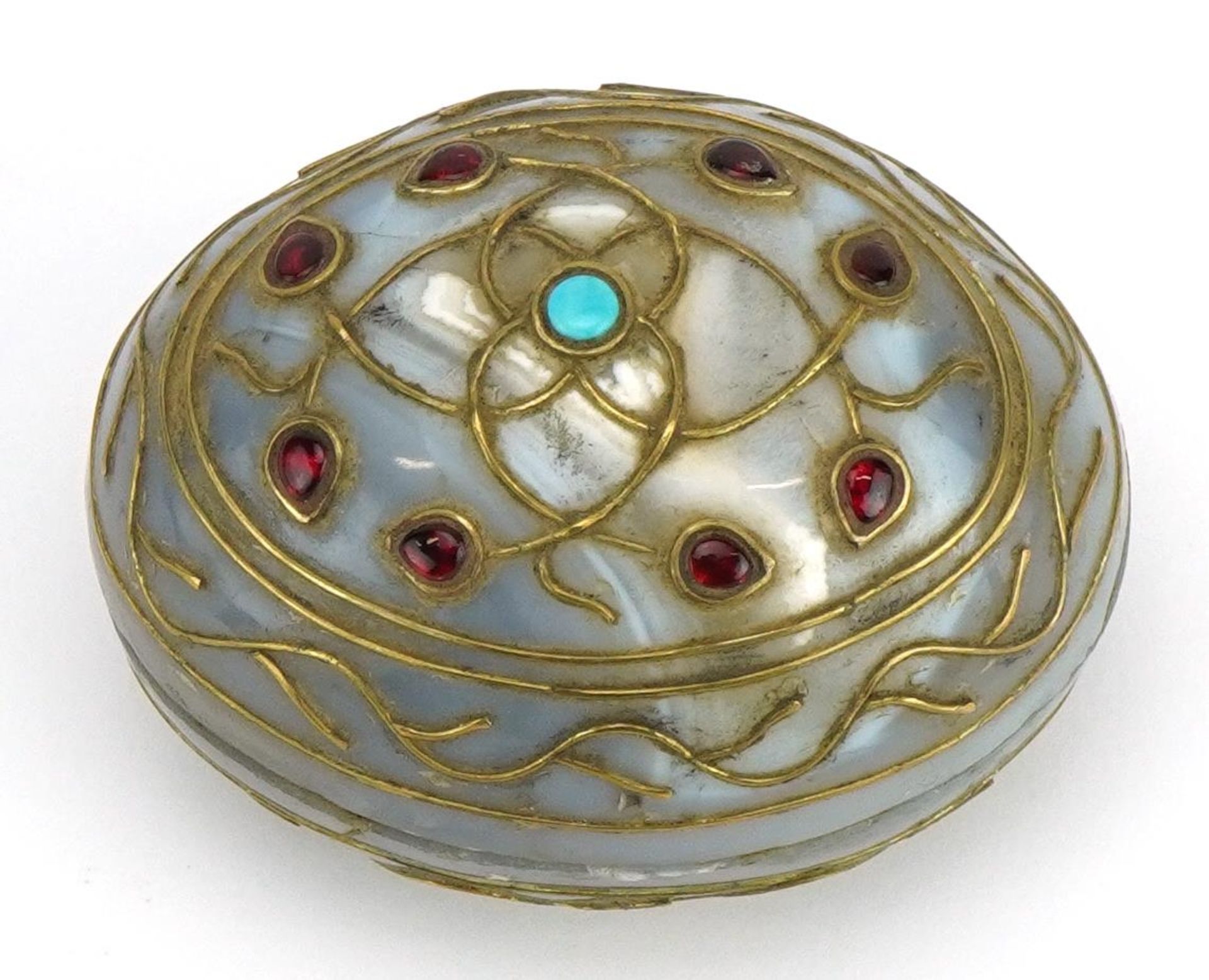 Islamic agate egg shaped box and cover inlaid with stone and metal inlay, 6cm in length - Image 2 of 4