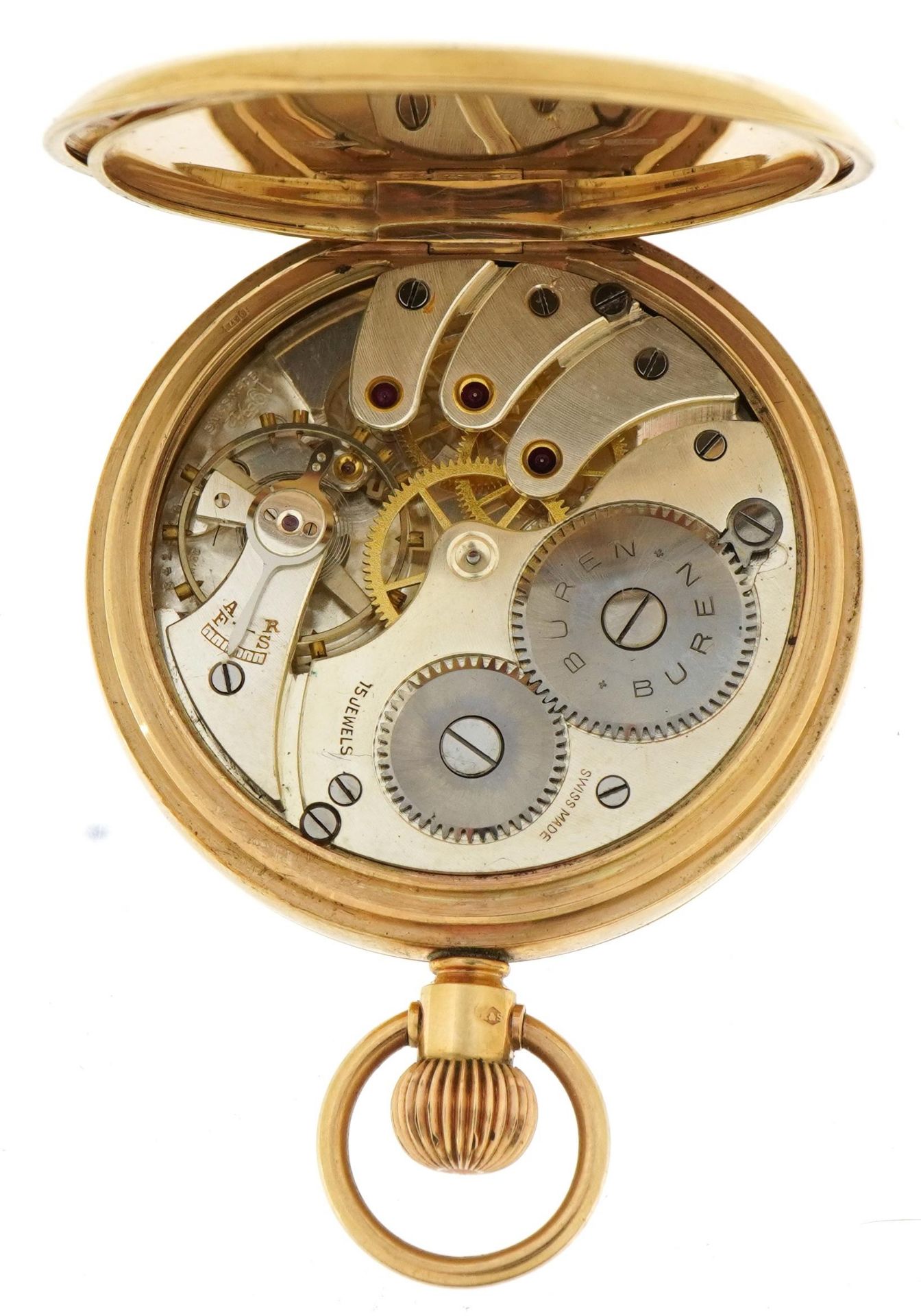Buren, gentlemen's Buren 9ct gold open face pocket watch with subsidiary dial, the case numbered - Image 4 of 4