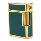 S J Dupont gold plated and green enamel pocket lighter with Chinese character marks, 4.5cm high