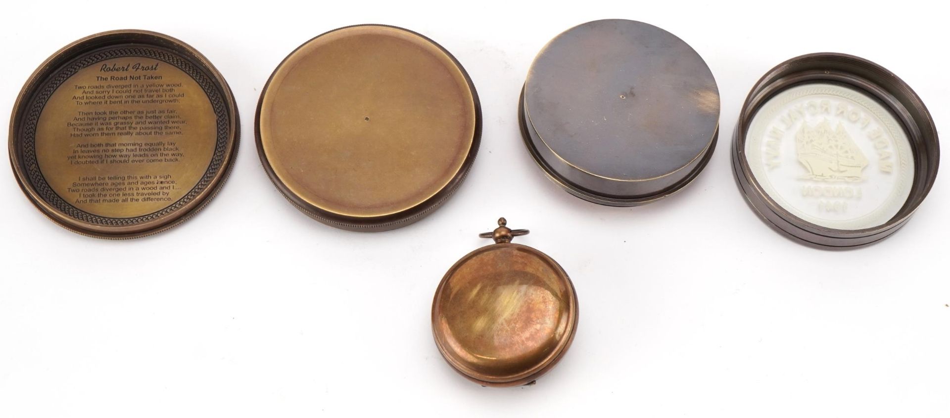 Three nautical interest brass compasses, the largest 7.5cm in diameter - Image 2 of 2