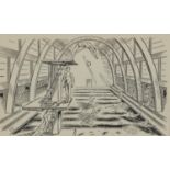 Edward Bawden - Swimming baths, mid 20th century print, inscribed verso Line drawing from Alphabet