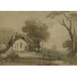 Landscape with thatched cottage and figure, Old Master style ink and wash, mounted, framed and