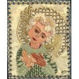 Arts & Crafts style textile embroidered with an angel, mounted, framed and glazed, 18cm x 14cm