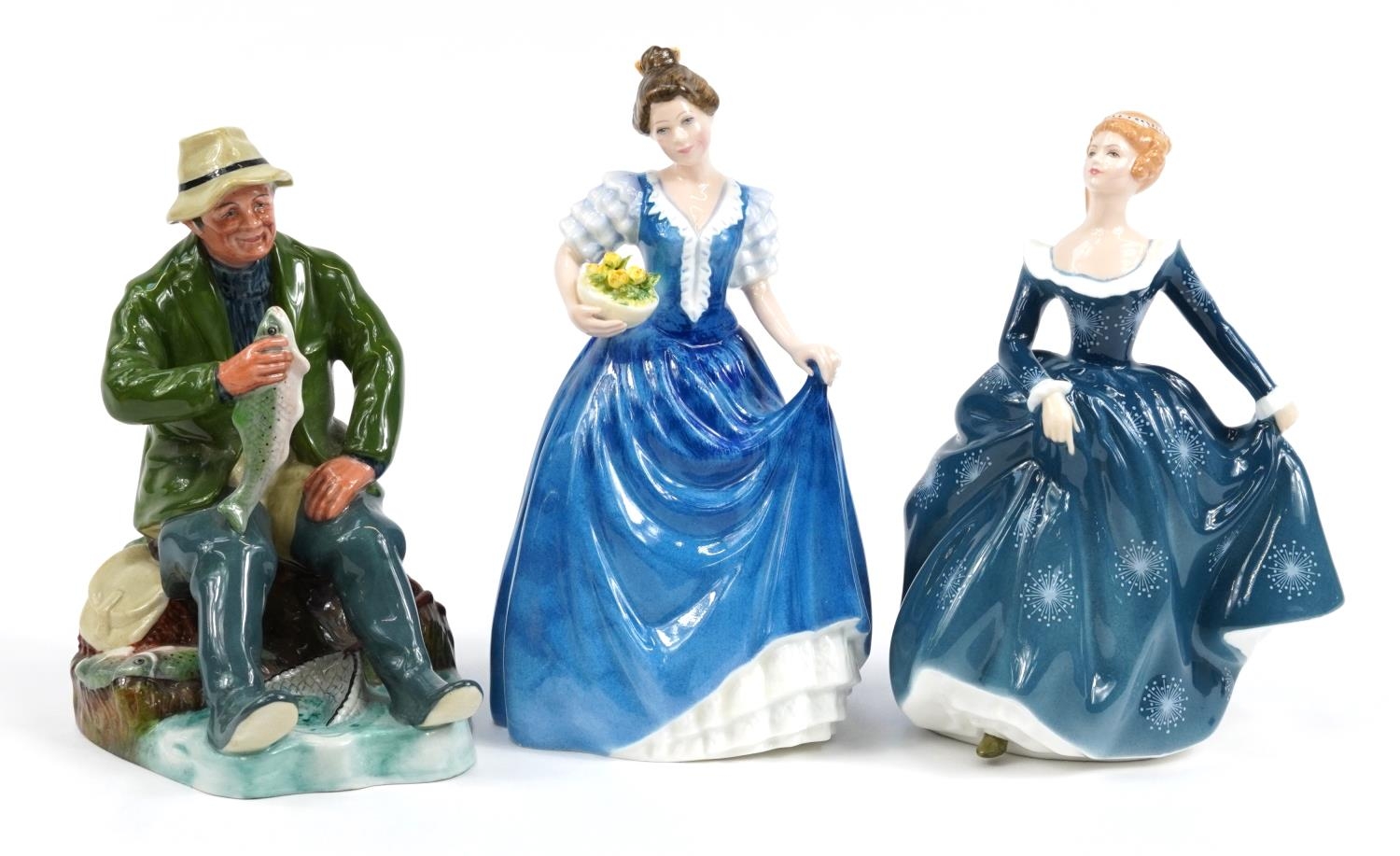 Three Royal Doulton figures comprising A Good Catch HN2258, Helen HN3601 and Fragrance HN2334, the