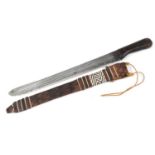 Asian hunting knife with steel blade and leather sheath, 61cm in length