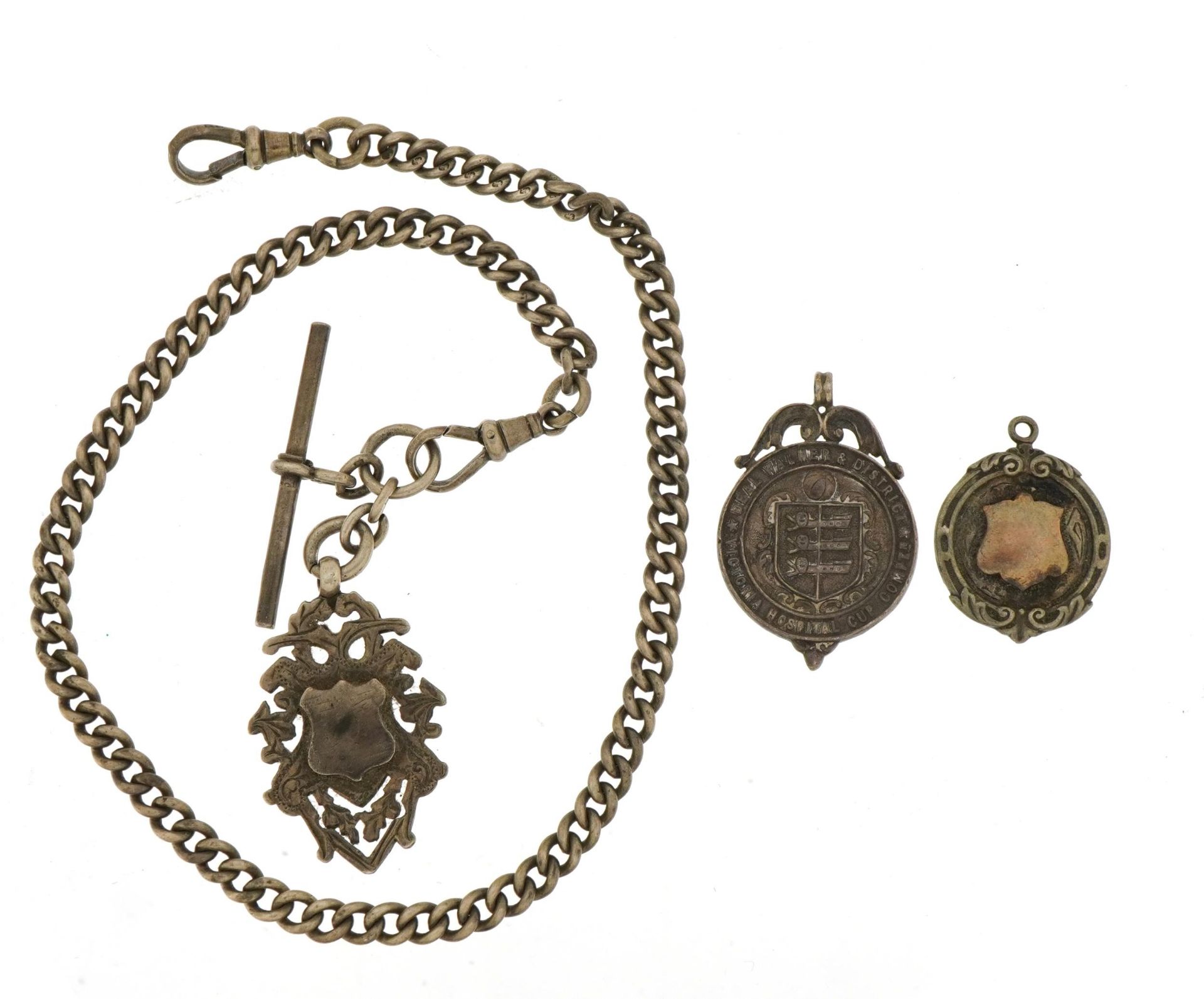 Victorian silver watch chain, T bar and jewel and two others including Dover Charity Cup 1926-27, - Image 2 of 3