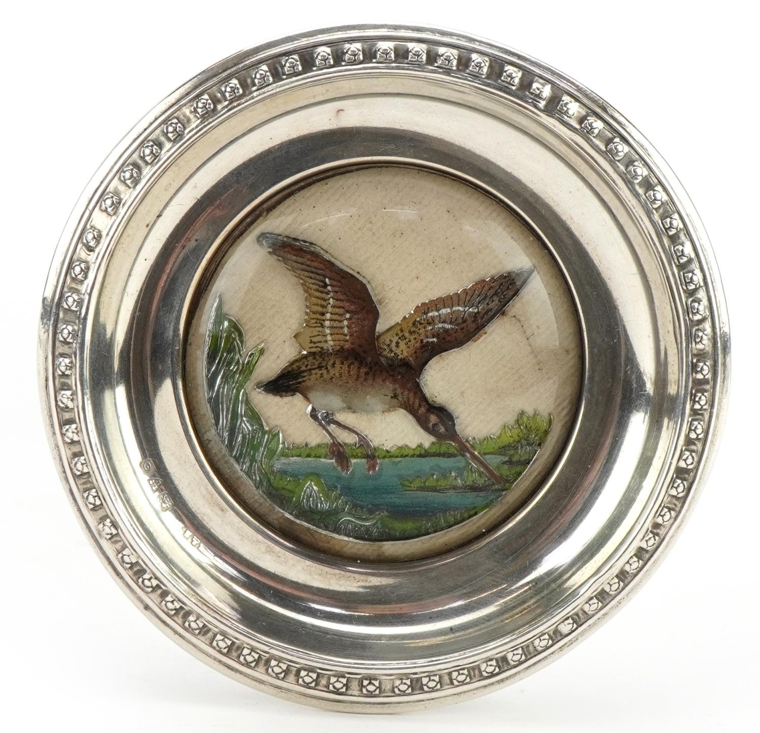 Silver Essex Crystal design pin dish decorated with a water bird in flight, Chester 1914, 8.5cm in