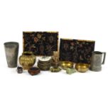 Chinese sundry items including pewter cocktail shaker, bronze vase, enamelled box and cover with