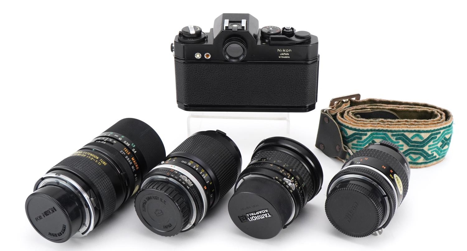 Nikkormat EL camera with four lenses comprising Tamron 90mm, Tokina 17mm, Nikkor 55mm and Kikkor - Image 4 of 5