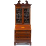 Inlaid mahogany bureau bookcase with fitted interior, 226cm H x 91cm W x 55cm D