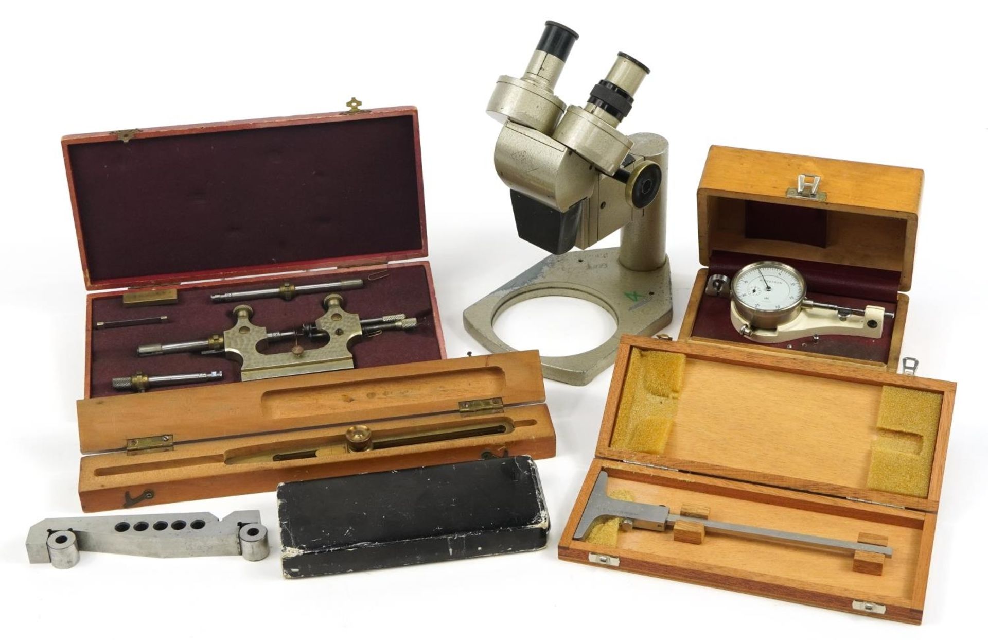 Vintage optical and precision instruments including a Tour a Pivoter watchmaker's lathe with case,