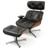 Selig, Mid Century Eames longue chair and matching footstool with brown leather button upholstery,