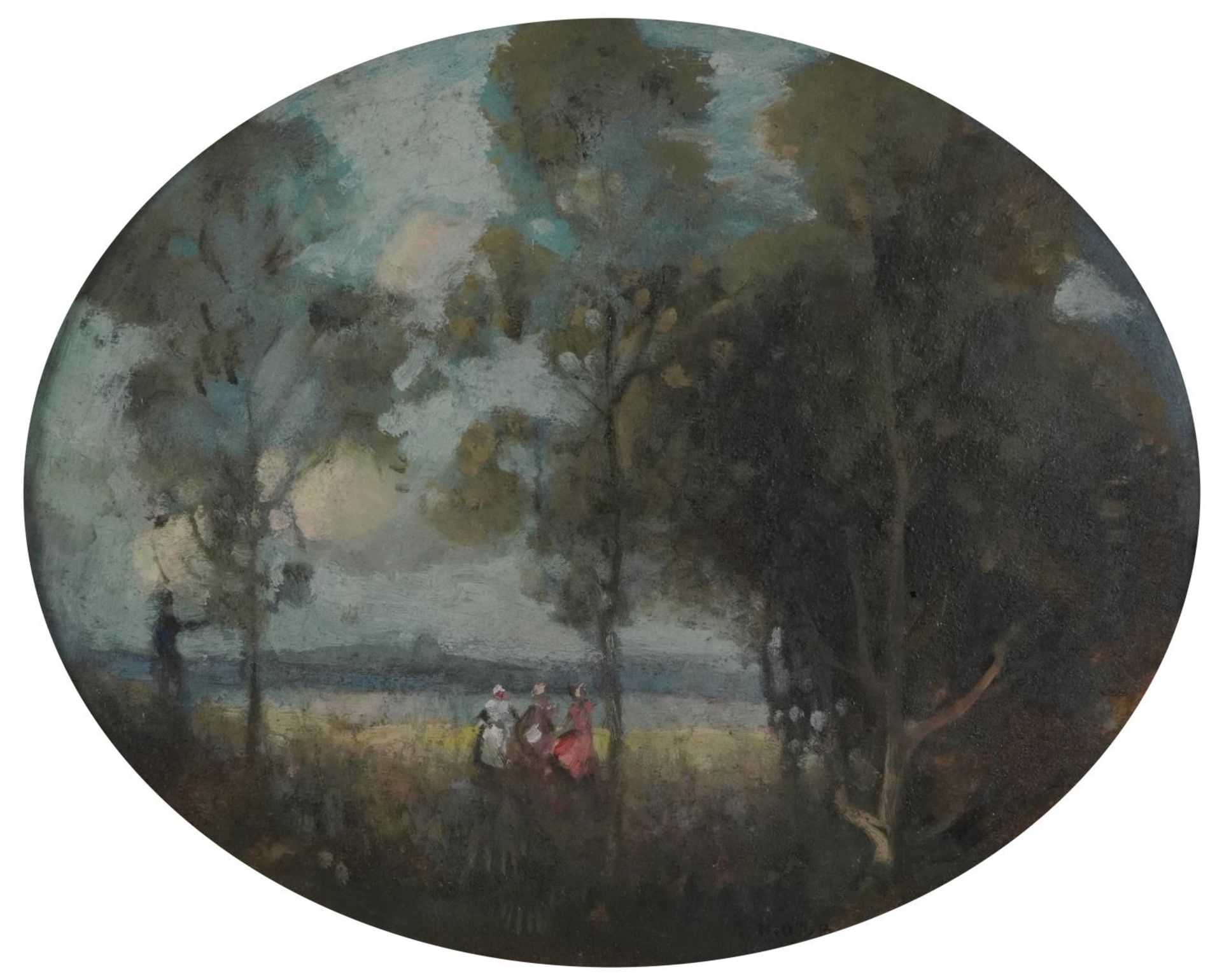 William George Robb - Three females before a landscape, early 20th century oval oil on board,